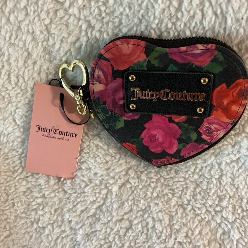NWT Juicy Couture small heart shaped floral coin purse w/ heart keychain
